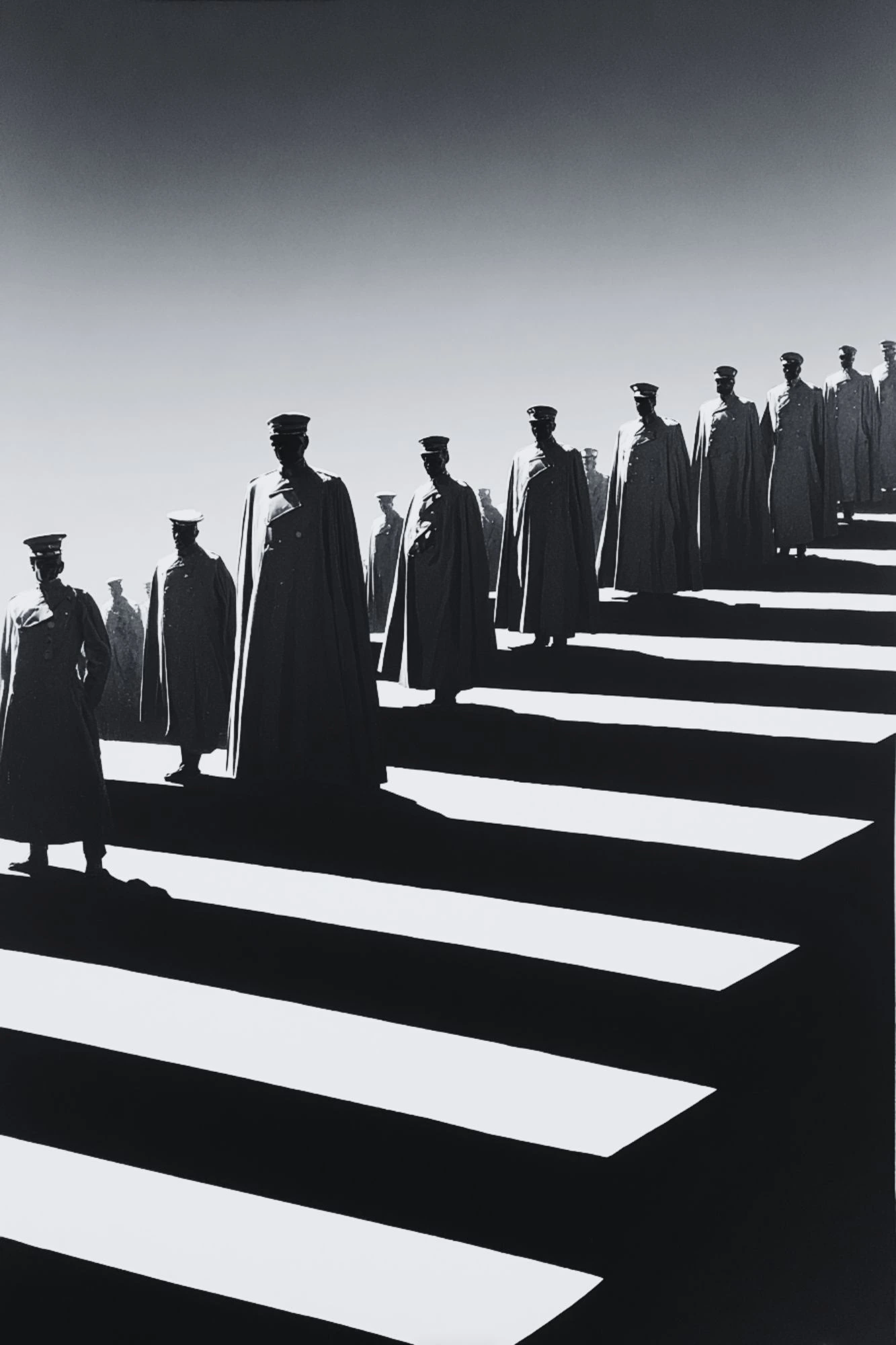 Uniformed mercenaries stand on alternating black-and-white steps.