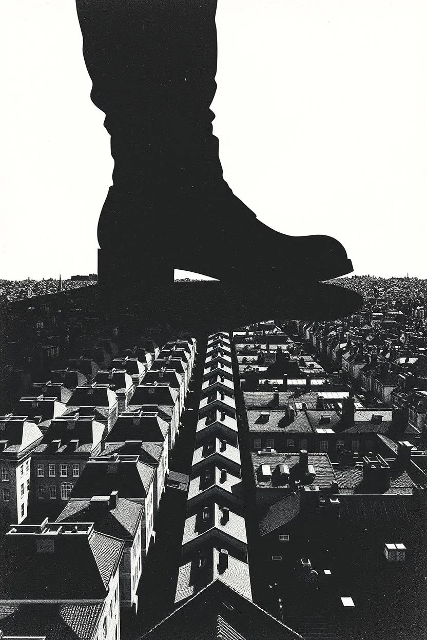 A giant boot over a city.
