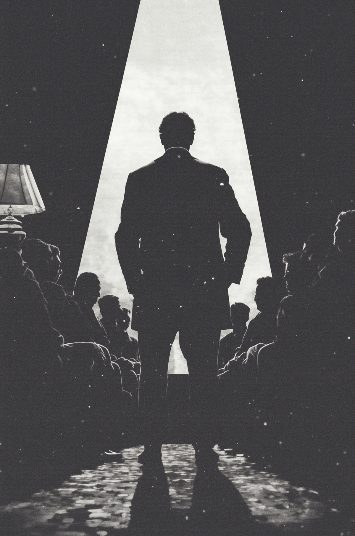 A lone figure framed by a hard white beam.