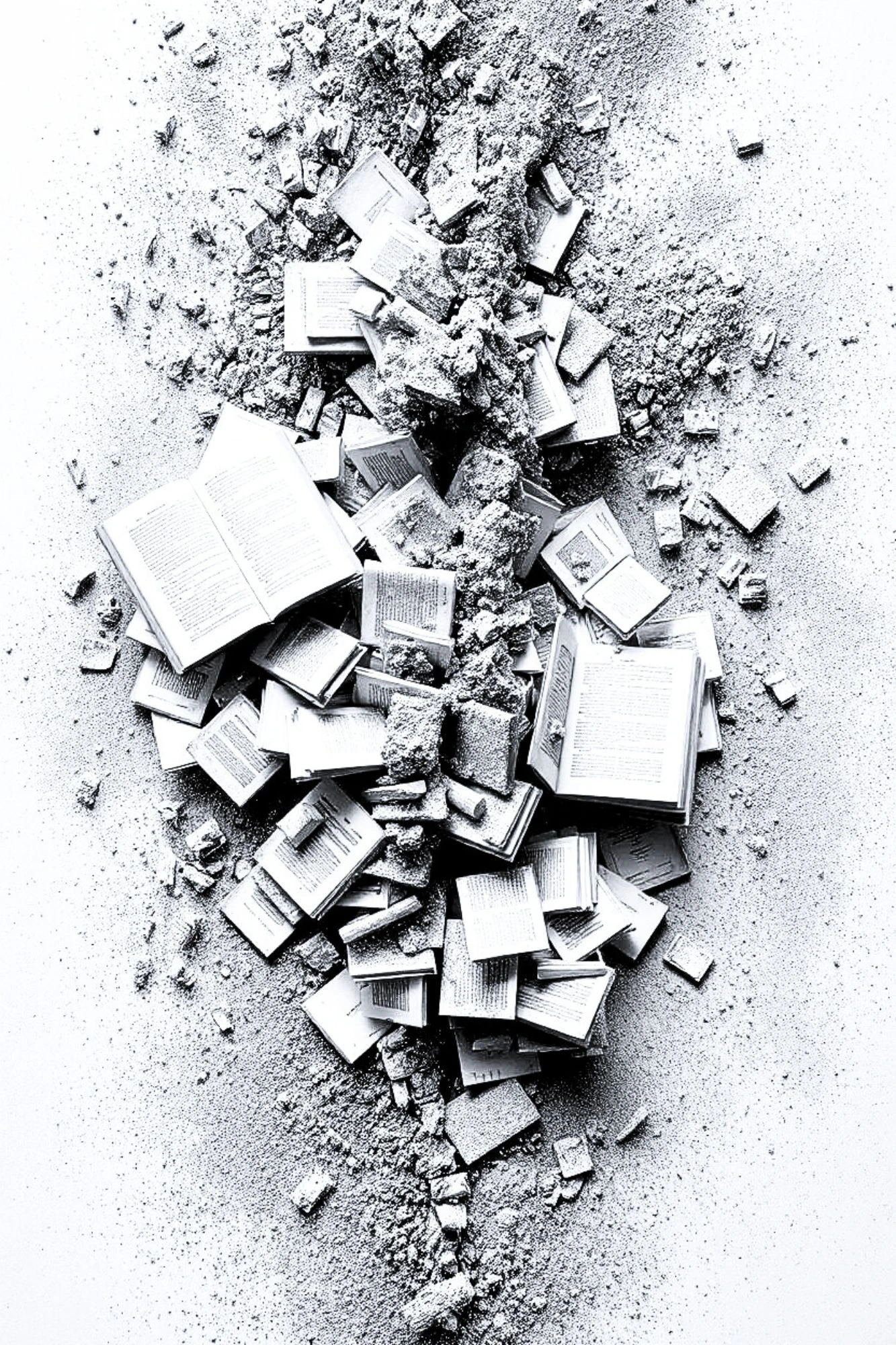 Books breaking apart among fragments and rubble.