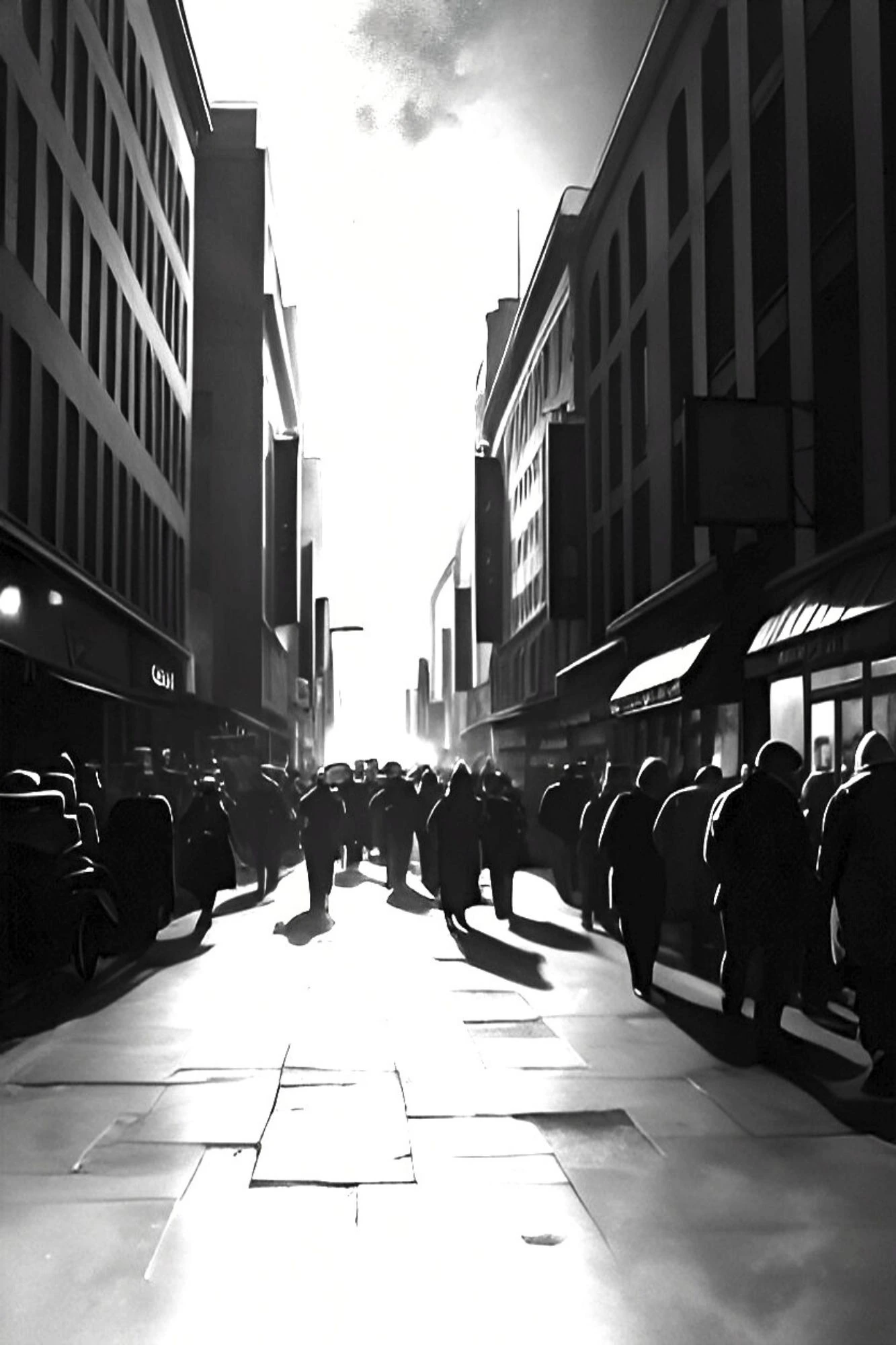 People crowd a city street between tall buildings.