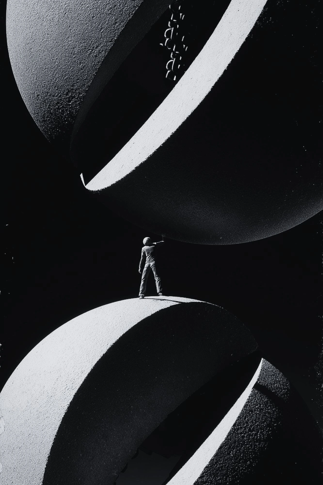 A small resistance fighter stands between enormous crushing spheres.