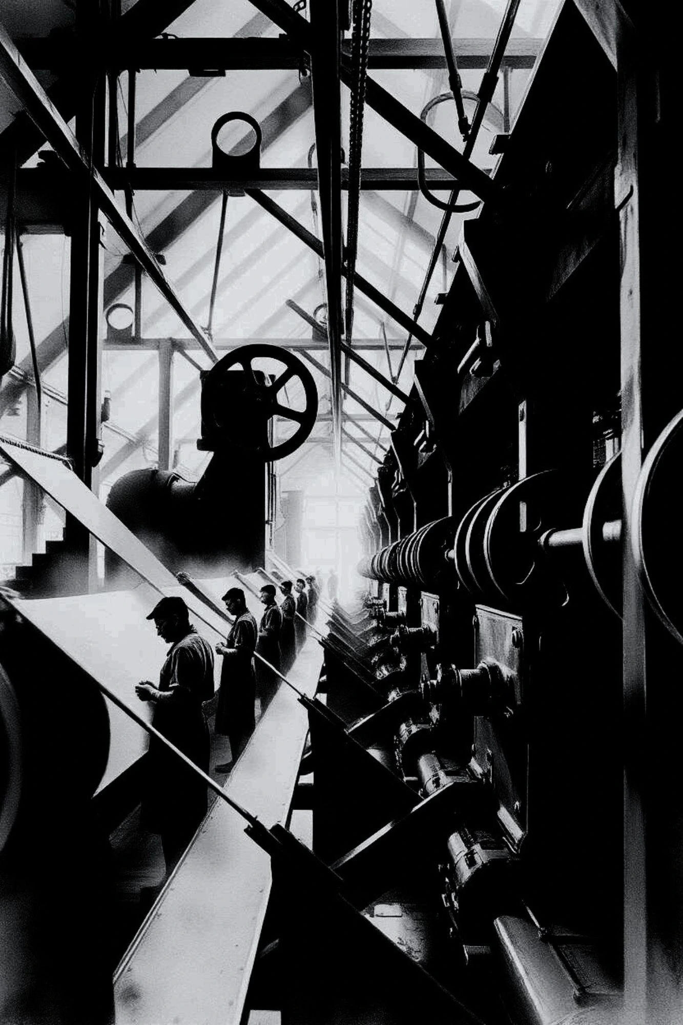 Factory workers beneath immense drive belts and wheels.
